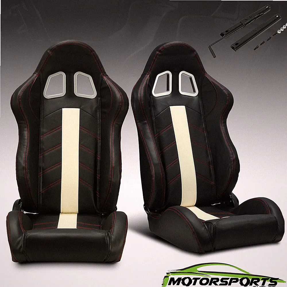 2 x Reclinable Racing Seats Pair Black PVC Main White Line Reclinable Seats
