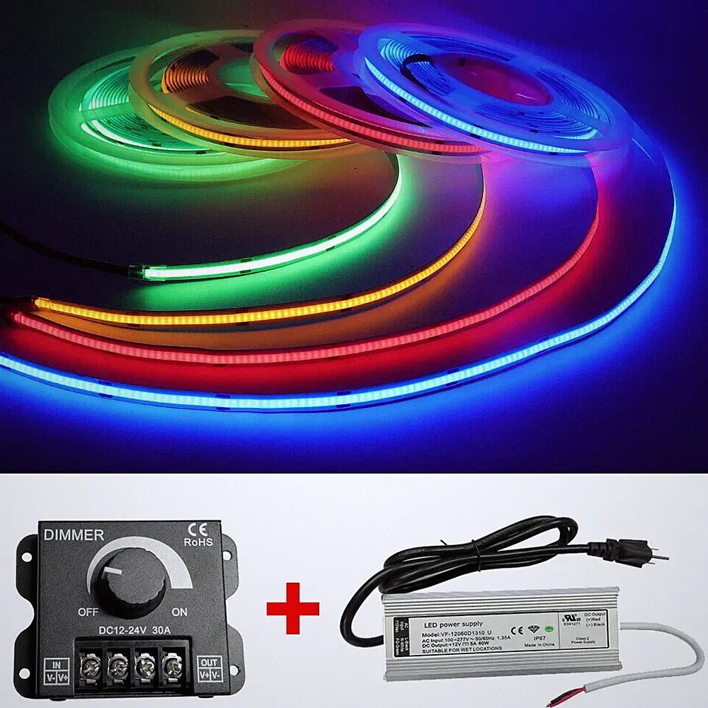 5m 12V Dimmable COB LED Light Strip Tape 384 LEDs/m + 60W Power Supply + Dimmer