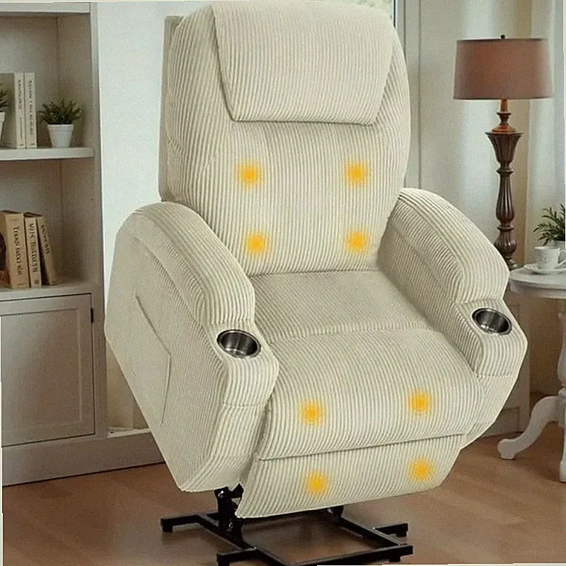 Electric Power Lift Recliner Chair with Massage for Elderly - White Corduroy