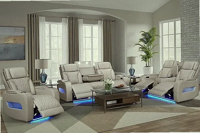 NEW Beige Gray LED Power Recliner & Adj Headrest 3PC Sofa Set Bluetooth Speaker