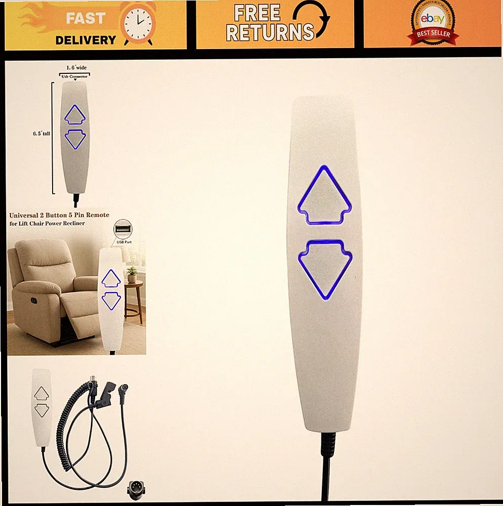 Power Recliner Lift Chair Remote Control Handset with USB & Blue Light, 2 Button